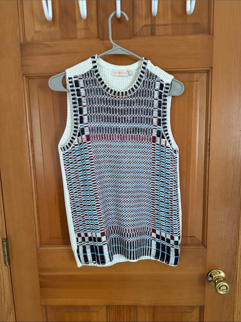 Tory Burch Sweater Vest in Cream, Navy & Maroon. Sz SM